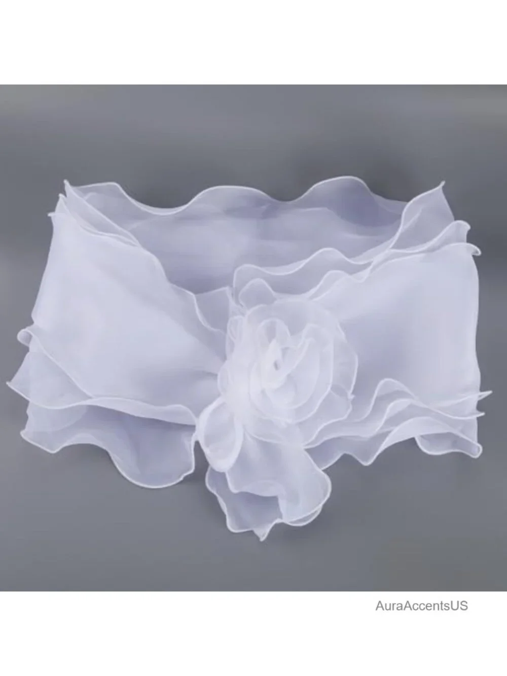 White Chiffon Shawl Wrap Ruffle Trim Sheer Silk Cape Pleated Floral Edge